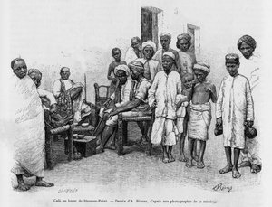 Café bij Steamer Point Bazaar, Aden, Jemen. Gravure door A. Rixens ter illustratie van het verhaal 