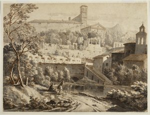 Een kunstenaar schetst langs een rivier, onder een Italiaanse stad, c.1780 door Jean Antoine Constantin