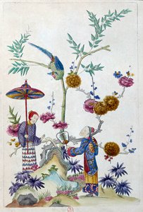 Tekening komt van een Chinese vaas: paar in een tuin. Schilderij door Jean Antoine Fraisse (18e eeuw)
