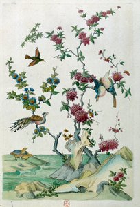 Tekening van een Chinese vaas: vogels en bloemen. Schilderij door Jean Antoine Fraisse (18e eeuw) door Jean Antoine Fraisse