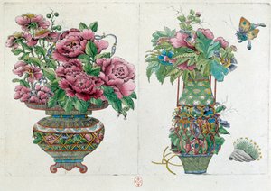Tekening van een Chinese vaas: bloempot. Schilderij door Jean Antoine Fraisse (18e eeuw)