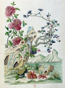 Tekening van een Chinese vaas: bloemen in een landschap door Jean Antoine Fraisse