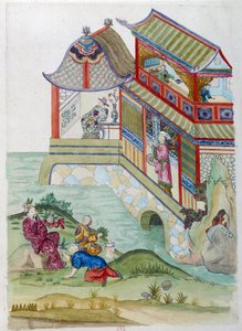 Huis aan de rivier. Tekening afkomstig van een Chinese vaas door Jean Antoine Fraisse