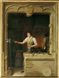 Un serrurier cherche a faire mordre sa lime a un geai- Een slotenmaker probeert een gaai in zijn ratel te laten bijten ... door Jean Antoine Laurent