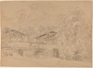 Een zomers alpendorp (zwart krijt en grafiet gehoogd met wit krijt op bruin papier) door Jean Antoine Linck