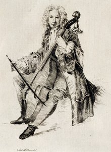 Cellospeler, gravure, Frankrijk door Jean Antoine Watteau