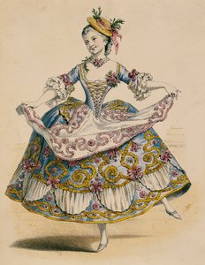 Hoveling gekleed in landelijke kostuum bij fête galante, naar tekening van Jean Antoine Watteau