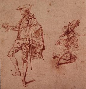 Tekening van een jonge man staand en een andere knielend door Jean Antoine Watteau