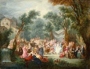 Elegante Gezelschap, Buiten met de Aankomst van het Bruidspaar door Jean Antoine Watteau