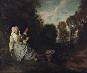 Avondlandschap met een spinner, c.1715 (schilderij)