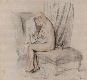 Naakte vrouw die haar hemd uittrekt door Jean Antoine Watteau