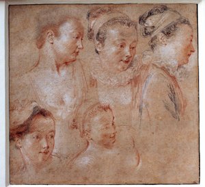 Vijf kapsels van vrouwen door Jean Antoine Watteau