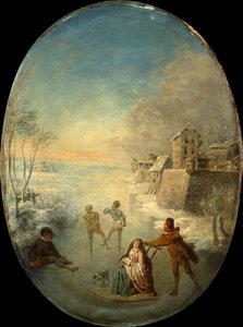 Heren op het IJs bij een Ommuurde Stad in de Winter door Jean Antoine Watteau