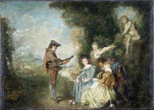 De liefdesles (scène in een tuin met standbeeld en muzikant) door Jean Antoine Watteau