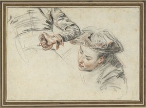 Manskop met baret en een hand aan een gevest