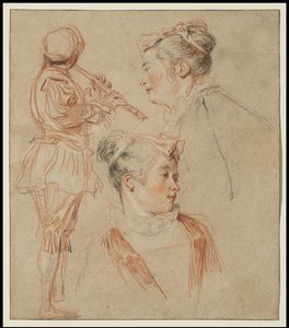 Studies van een Fluitist en Twee Vrouwen, ca.1717 door Jean Antoine Watteau