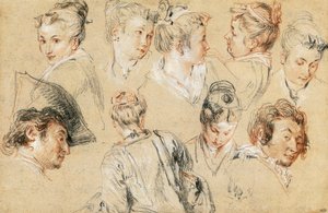 Studie van hoofden, door Jean-Antoine Watteau, tekening door Jean Antoine Watteau