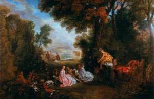 De pauze tijdens de jacht Rendez-vous de chasse, 1717-1720 door Jean Antoine Watteau