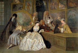 De keuze. Rechterdetail van het bord van Gersaint. Personages in een kunstwinkel die de werken kiezen die ze willen kopen. Edme Francois Gersaint (schilderij door Jean Antoine Watteau) door Jean Antoine Watteau