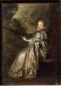 Het meisje Finette speelt een snaarinstrument door Jean Antoine Watteau