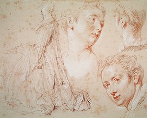 Drie Hoofden en een Zittende Vrouw door Jean Antoine Watteau