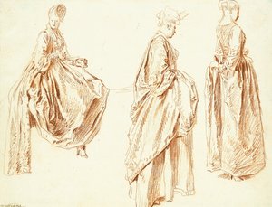 Drie dames in profiel naar rechts, een zittend, c.1713-14