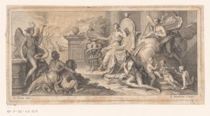 Allegorische voorstelling met een personificatie van de geneeskunde en de vier elementen door Jean Audran