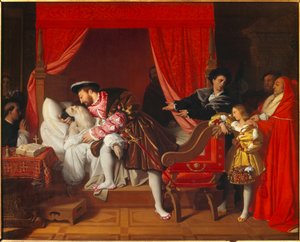 De koning van Frankrijk Francois I (1492-1547) ontvangt de laatste zuchten van Leonard de Vinci in Clos Lucé