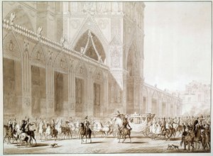 De aankomst per koets van Keizer Napoleon I en Keizerin Josephine de Beauharnais bij de Kathedraal Notre Dame de Paris op de dag van de Heilige