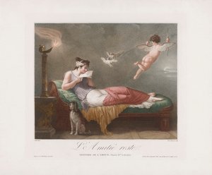 Cupido bezorgt een liefdesbrief door Jean Baptiste (after) Mallet