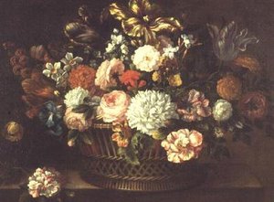 Pioenen, tulpen, narcissen en andere bloemen in een mand door Jean Baptiste (attr. to) Monnoyer