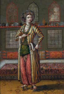 Portret van een adellijke dame uit Constantinopel met hammamschoenen door Jean Baptiste (circle of) Vanmour