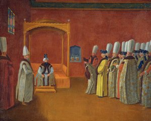 Sultan Ahmed III ontvangt een Europese ambassadeursdelegatie in het Topkapi-paleis