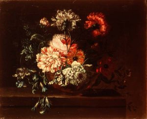 Rozen, anjers en winde op een richel door Jean Baptiste (follower of) Monnoyer
