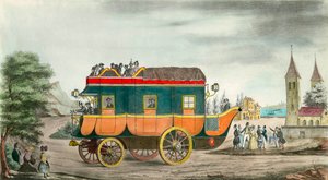 De auto (of diligence) heeft stoom: Franse uitvinding van 1835. Gravure door Ange Tissier (1814-1876). 1835. Privécollectie door Jean Baptiste Ange Tissier