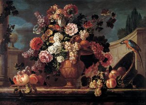 Bloemen, vruchten en papegaaien