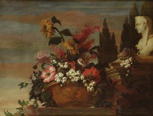 Bloemen in een kom en een sfinx door Jean Baptiste Belin de Fontenay