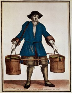Waterdrager, gekleurde gravure door Henri Bonnart (1642-1711) en Jean Baptiste Bonnart (1654-1726), uit Recueil des modes de la cour de France