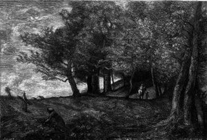 Bucherons (1870-1871). Gravure naar het schilderij van Jean Baptiste Camille Corot (1796-1875) in 