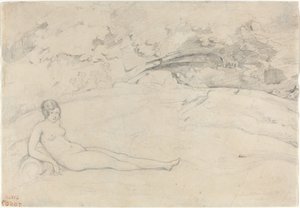 Een naakte liggend in een landschap door Jean Baptiste Camille Corot