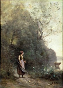 Een boerin die een koe laat grazen aan de rand van een bos, ca. 1865-70 door Jean Baptiste Camille Corot