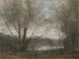 Een vijver gezien door de bomen door Jean Baptiste Camille Corot