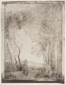 Een jonge moeder bij de ingang van een bos, originele indruk 1856, gedrukt in 1921