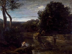 Een dominee die baadt door Jean Baptiste Camille Corot