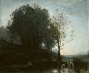 Badenimfen en kind door Jean Baptiste Camille Corot