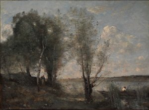 Bootman tussen het riet, ca. 1865 door Jean Baptiste Camille Corot