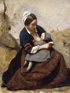 Bretonse Moeder die haar Kind Borstvoeding Geeft door Jean Baptiste Camille Corot