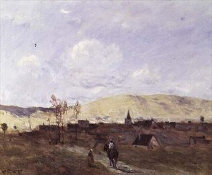 Kavalier in Zicht van een Dorp door Jean Baptiste Camille Corot