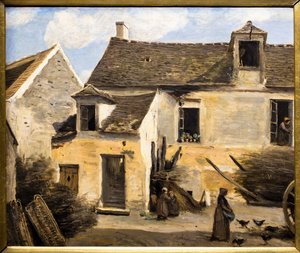 Binnenplaats van een huis bij Parijs door Jean Baptiste Camille Corot