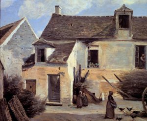 Binnenplaats van een boerenhuis nabij Parijs door Jean Baptiste Camille Corot
